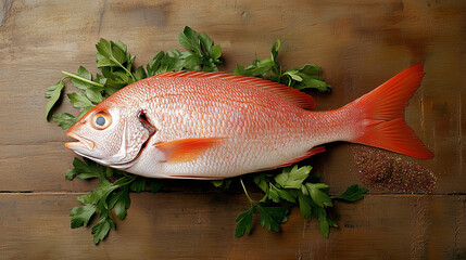 Appetizing Fish Display on Rustic Table with Herbs and Spices