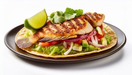 delicious and tasty grilled tilapia tostada isolated on white background