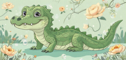  Cartoon-style baby crocodile with flowers in a garden on a soft green background
