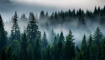 a forest with trees in the background and a misty sky