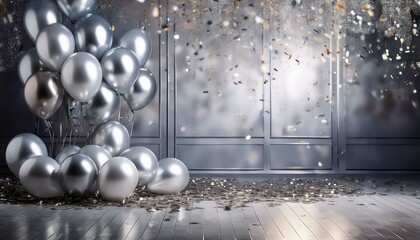 decorative background silver balloons elegant silver tinsel confetti helium balloons floor