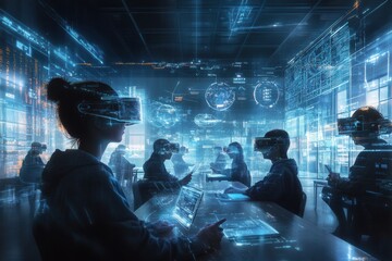 A high-tech classroom of the future, with students using augmented reality glasses. School.