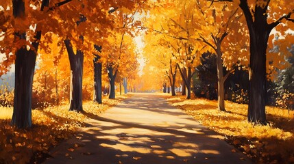 Naklejka premium Maple avenue in autumn golden leaves long shadows