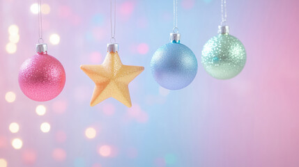 Obraz premium Colorful christmas ornaments in form of balls and stars hanging against the colorful festive bokeh background