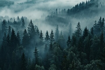 Obraz premium Misty foggy forest, fir mountains, natural mist landscape, dark woods view, mystery clouds on pine trees