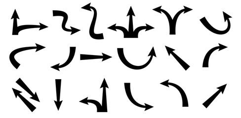 Collection of black arrow icons, way finding sign in various direction. Vector illustration. 