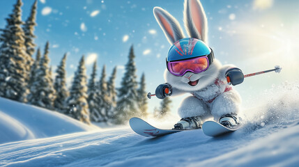 Ski vacation concept. Funny Animals skiing. Alpine Downhill Skiing Rabbit on Snowy Slope Wearing Ski Goggles and Helmet, Winter Fun Scene. Image made using Generative AI.