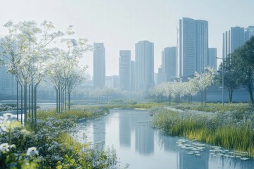 Obraz premium nature in the foreground, modern city in the background