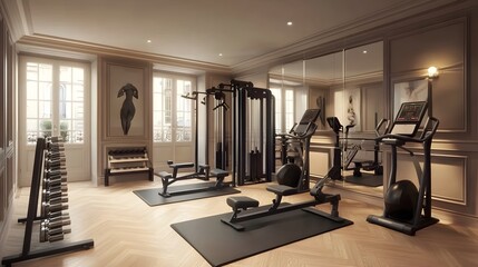 Modern fitness equipment in an elegant home gym