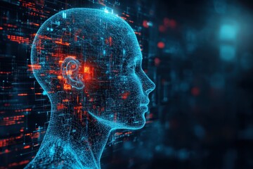 Obraz premium A futuristic digital human head silhouette surrounded by glowing data streams at night