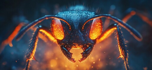 Close-up of an ant with glowing orange eyes in front of an orange and blue background.
