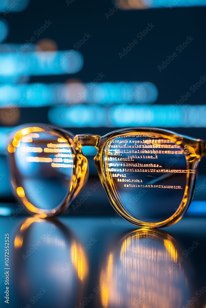 Poster glasses showcase programming code reflections as a dynamic tech environment creates a striking backg