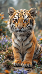Majestic Bengal Tiger Cub Sitting in a Vibrant Forest Setting
