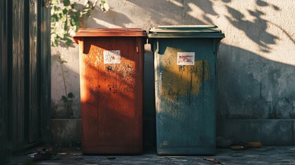 Obraz premium Two Weathered Trash Bins Against a Wall