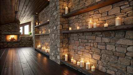 Cozy Stone Fireplace with Burning Candles on Shelves