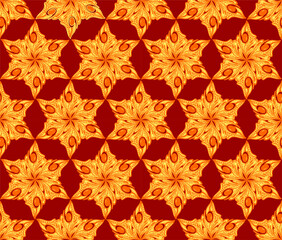 seamless symmetrical yellow floral pattern on red background, texture, design