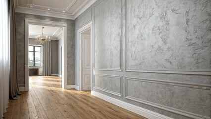 Elegant Interior Hallway with Grey Walls and White Molding