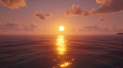 Obraz premium A golden sunset casts a warm glow over the calm ocean waters, creating a serene and tranquil atmosphere.