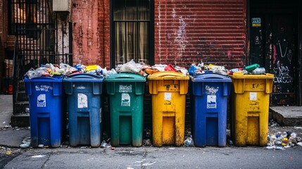 Row of Colorful Trash Cans on a City Street