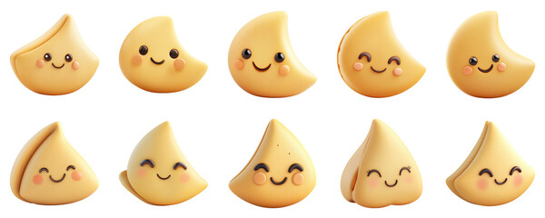 Fototapeta premium Collection of Fortune Cookies with Smiling Faces isolated on transparent PNG background