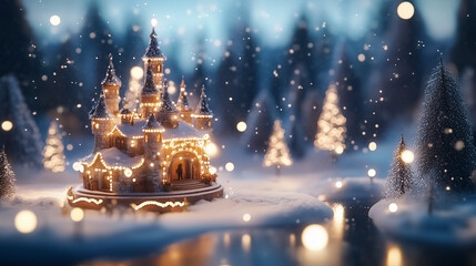 A stunning castle glows with lights in a snowy landscape, creating a magical winter atmosphere as it lightly snows