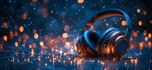 Headphones with bokeh lights, music, audio, technology.