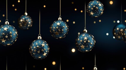 Navy blue Christmas ornaments with gold stars, against a dark blue background