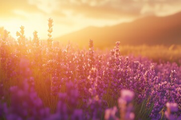 Field of Blooming Lavender at Sunset