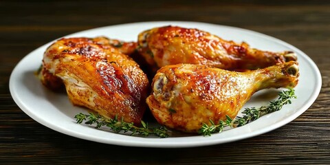Roasted Chicken Legs with Thyme Garnish on a White Plate