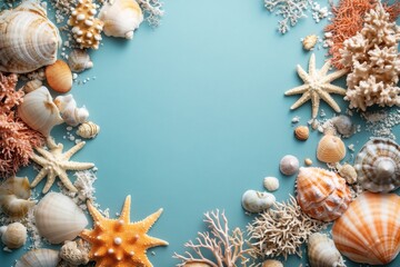 Obraz premium Colorful collection of seashells and corals arranged on a blue background for a coastal theme