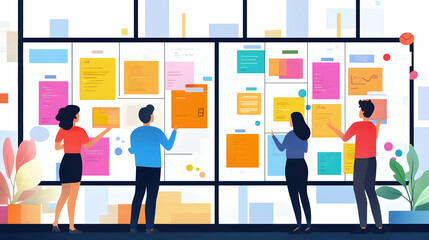 A Kanban board adorned with vibrant sticky notes and progress markers, illustrating agile project management principles and enhancing team productivity within a collaborative environment.