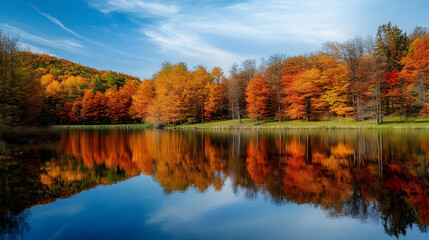 Fototapeta premium Lake with autumn foliage, reflecting vibrant colors of fall on the water's surface -
