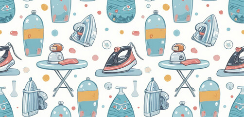 Seamless Pattern of Laundry Items and Ironing Tools on a Light Blue Background