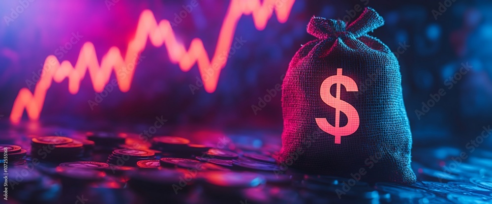 Poster money bag with dollar sign on a pile of coins against a blurred background of a red line graph.