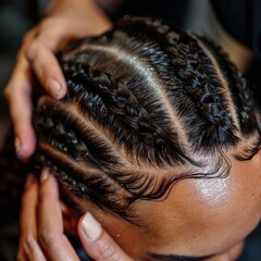 Naklejka premium Professional stylist hands braiding client's hair in salon closeup, african pigtails, hairstyle braid