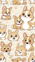 Seamless Pattern of Cartoon Corgis in Playful Poses on a Beige Background