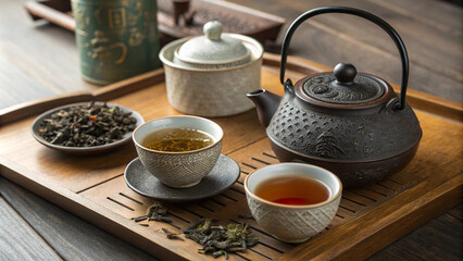 Fototapeta premium Traditional Japanese Tea Ceremony Set with Teapot, Cups, and Loose Leaf Tea