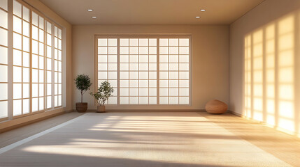 Fototapeta premium Minimalist room with soft lighting through windows, emphasizing tranquility and elegant design -