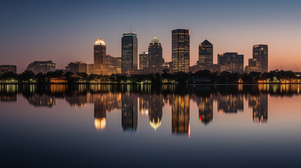 Fototapeta premium Cityscape at dusk with skyscrapers lighting up, reflections on a calm river, vibrant colors