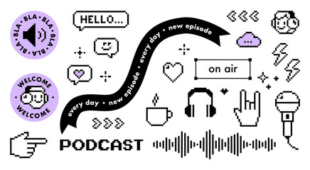 Set of radio podcast y2k pixel icons. Microphone, headphones, speech bubble, equalizer. Game abstract elements. Black color modern shape for collage, poster. Abstract geometric simple sign on white