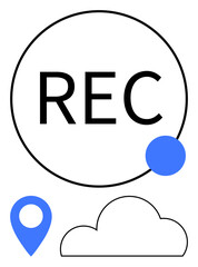 REC in a circle, location pin, and cloud icon below. Perfect for technology, recording, navigation, cloud storage, digital media web applications and minimalist design. Line metaphor