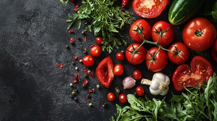 Fresh tomatoes and herbs on dark textured background