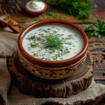 Kefir Soup Dovga or Tarator, National Sour-Milk Meal of Azerbaijani Cuisine with Yogurt, Herbs