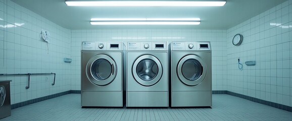 Fototapeta premium Three stainless steel washing machines in a tiled laundry room.
