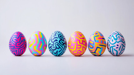 Fototapeta premium Colorful multicolored painted Easter eggs arranged in a line on a light background. Generative AI