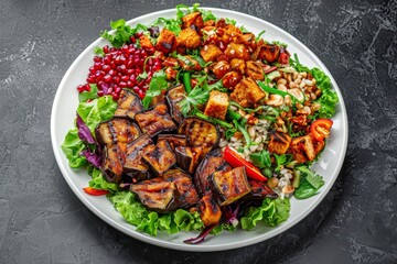 Barbecue Vegetable Salad with Grilled Eggplant or Aubergine, Fried Sweet Pepper, Pomegranate Grains
