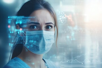 Healthcare professional in a mask looks concerned in a modern medical environment
