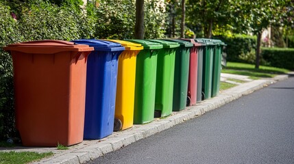 Row of Colorful Recycling Bins on a Curb