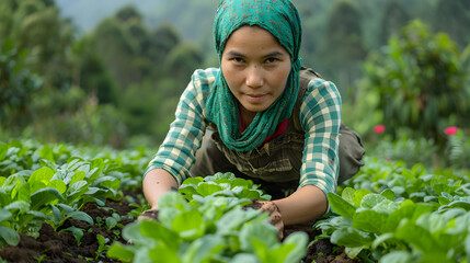 Group of Farmers Planting Crops in Rural Farmland