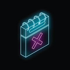Neon calendar showing a canceled event with a bright pink cross glowing in the dark